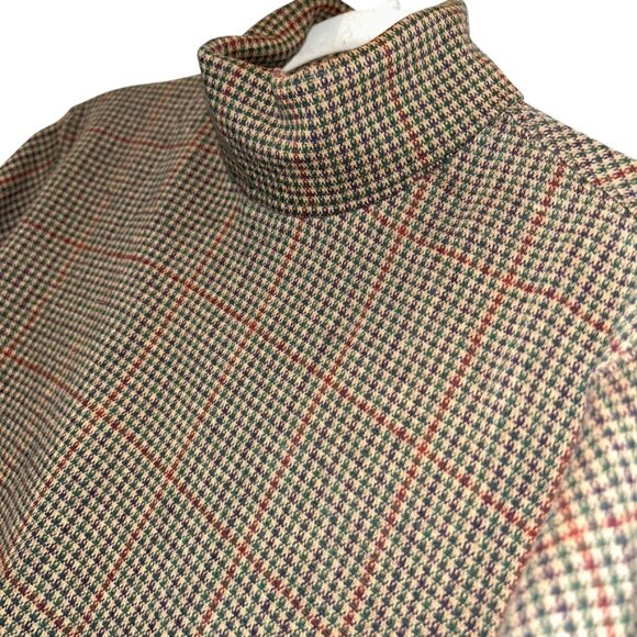 Lands' end brown green tan Houndstooth glenn plaid tweed print cotton turtleneck - Picture 3 of 4